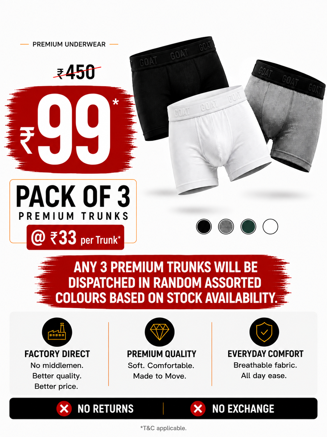 FIRE DEAL - Just for Rs. 99* get 3 Men's Premium Underwear Trunks