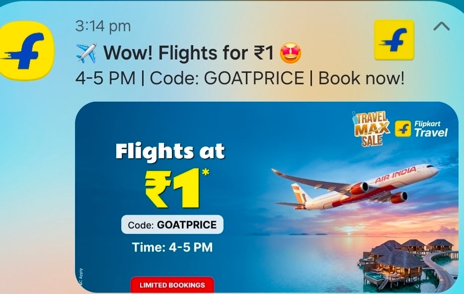 Flipkart Flights @ Rs. 1 from 4PM to 5PM | Code - GOATPRICE