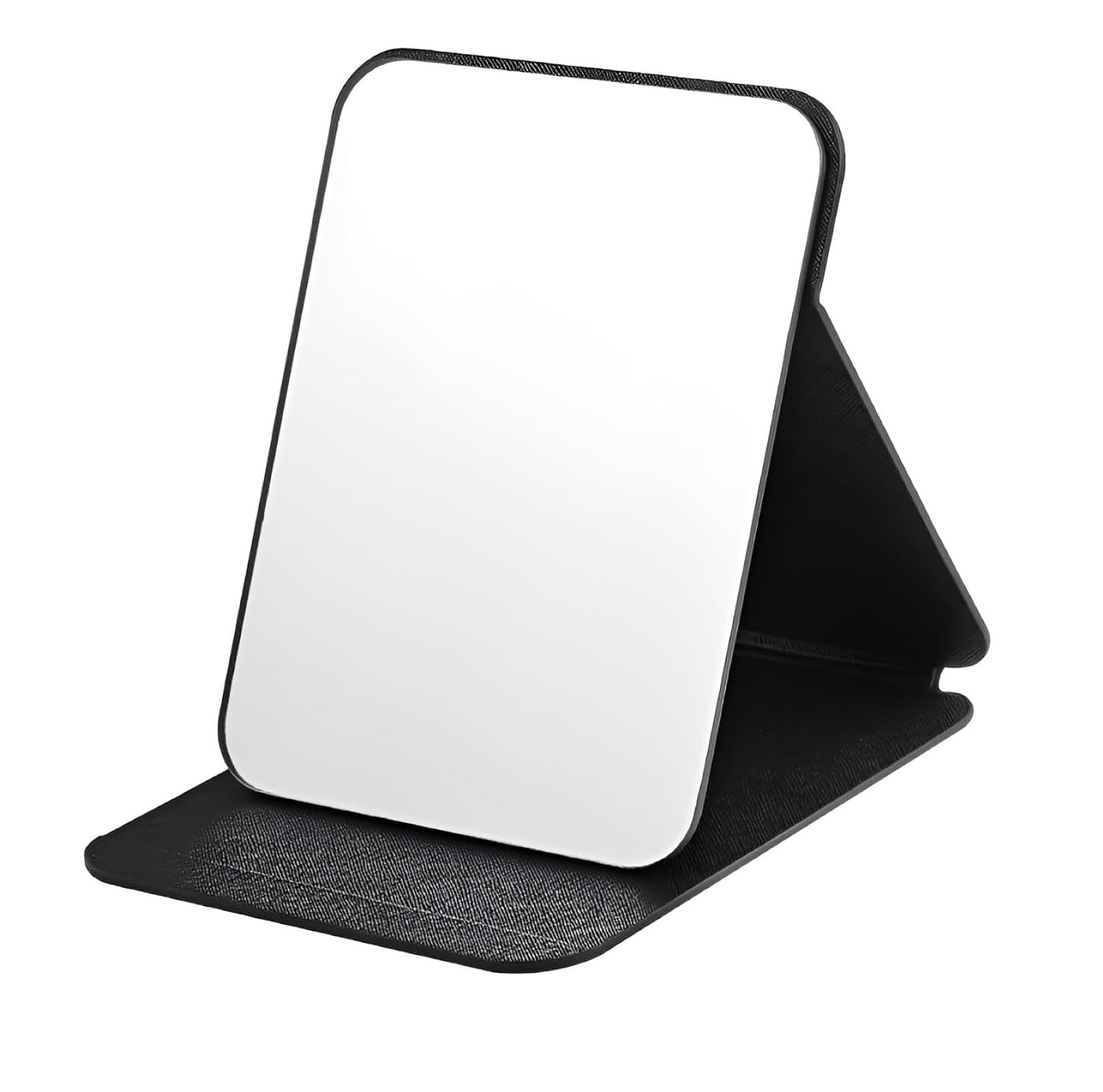 Foldable Makeup Mirror with Stand, Compact Portable Folding Free Standing Travel Vanity Mirror, Frameless PU Leather (Ro