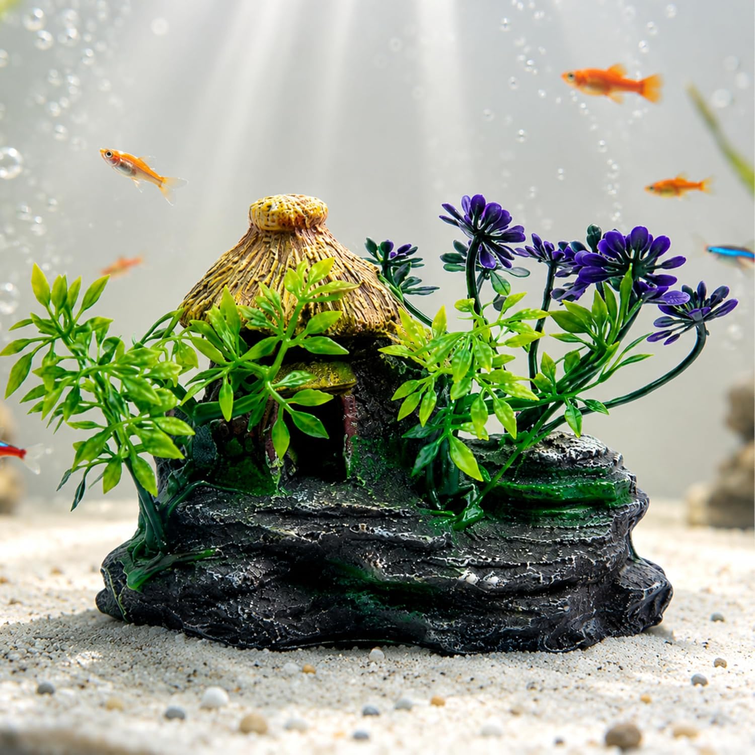 Foodie Puppies Aquarium Artificial Plants with Resin Base - (Small Hut Plant)