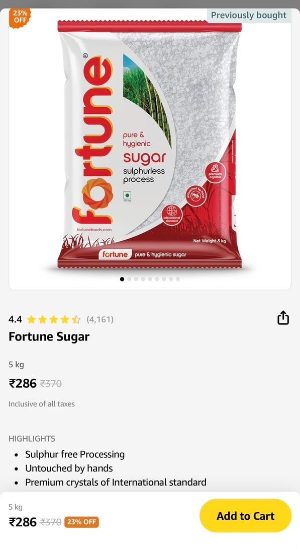 Fortune sugar 5kg at Rs. 286 on Amazon Now
