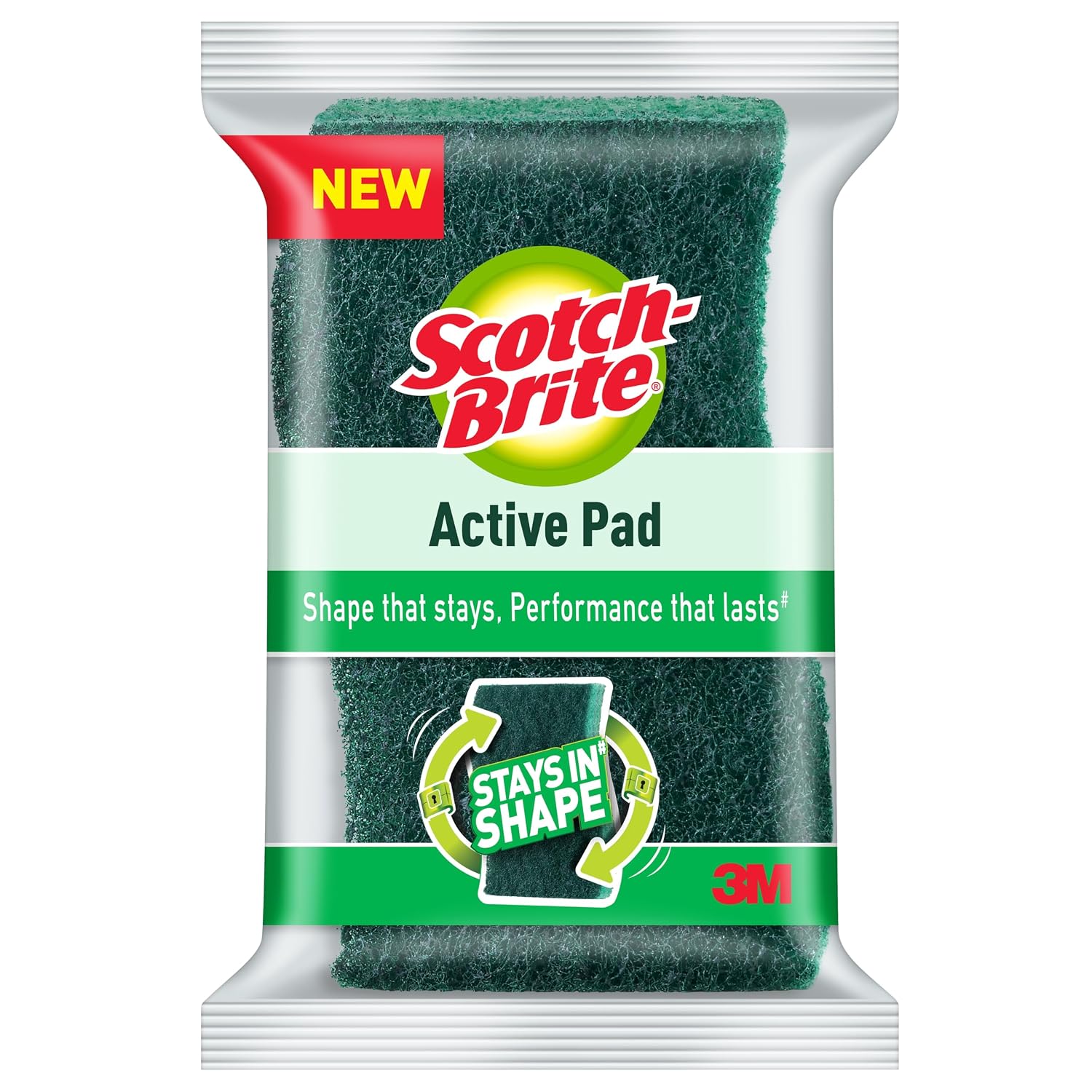 Free Delivery - Scotch-Brite Active Pad, 6.5 x 10.9 cm, Green Scrub Pad for Kitchen Cleaning, Long-Lasting Shape and Per