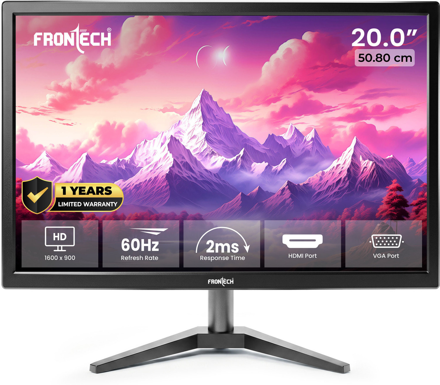 Frontech - 50.8 cm (20 inch) HD LED Backlit VA Panel with HDMI, VGA Monitor (MON-0054) (Adaptive Sync, Response Time: 2