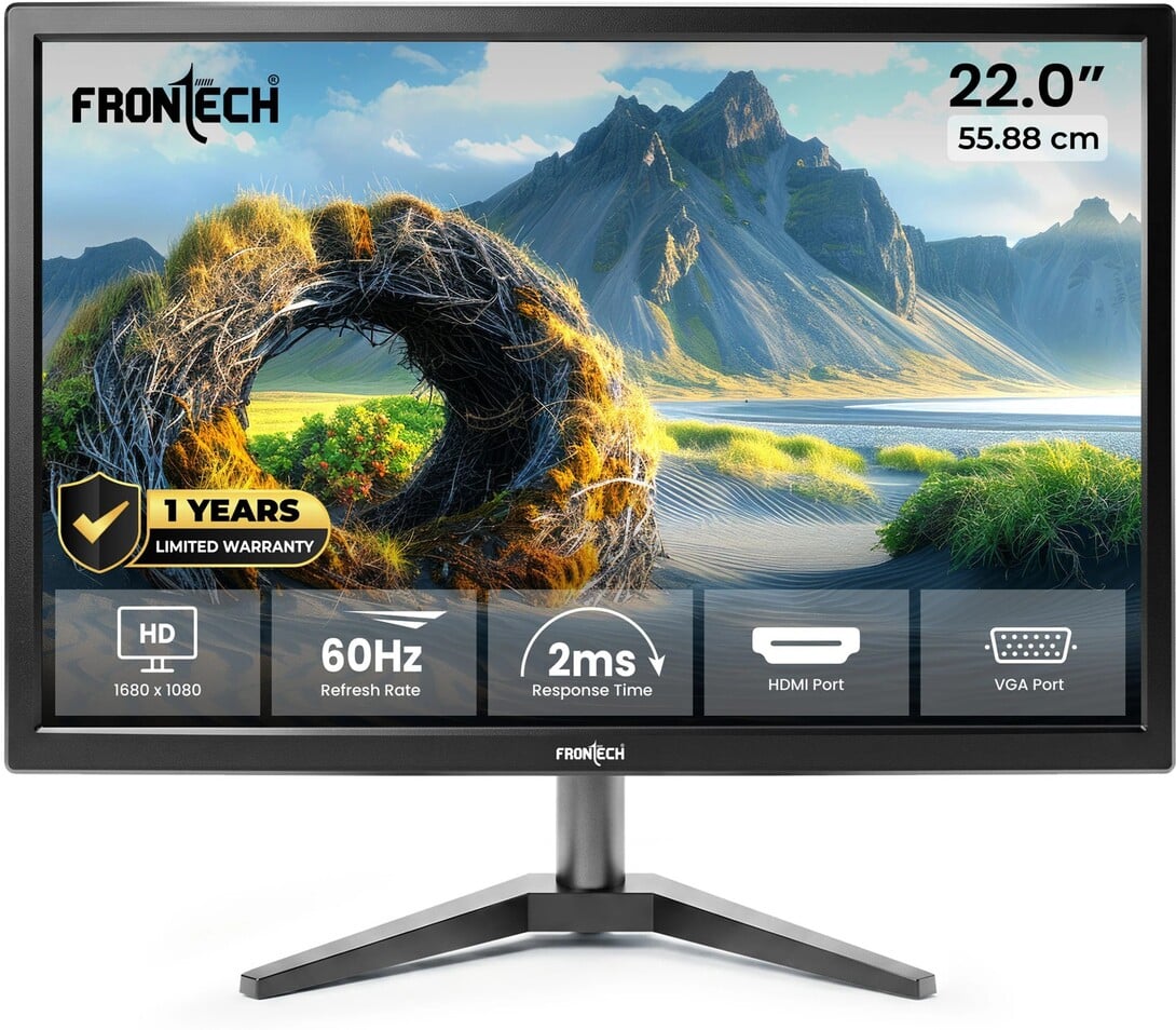 Frontech - 55.88 cm (22 inch) HD LED Backlit VA Panel with HDMI, VGA Monitor (MON_0060) (Adaptive Sync, Response Time: 2