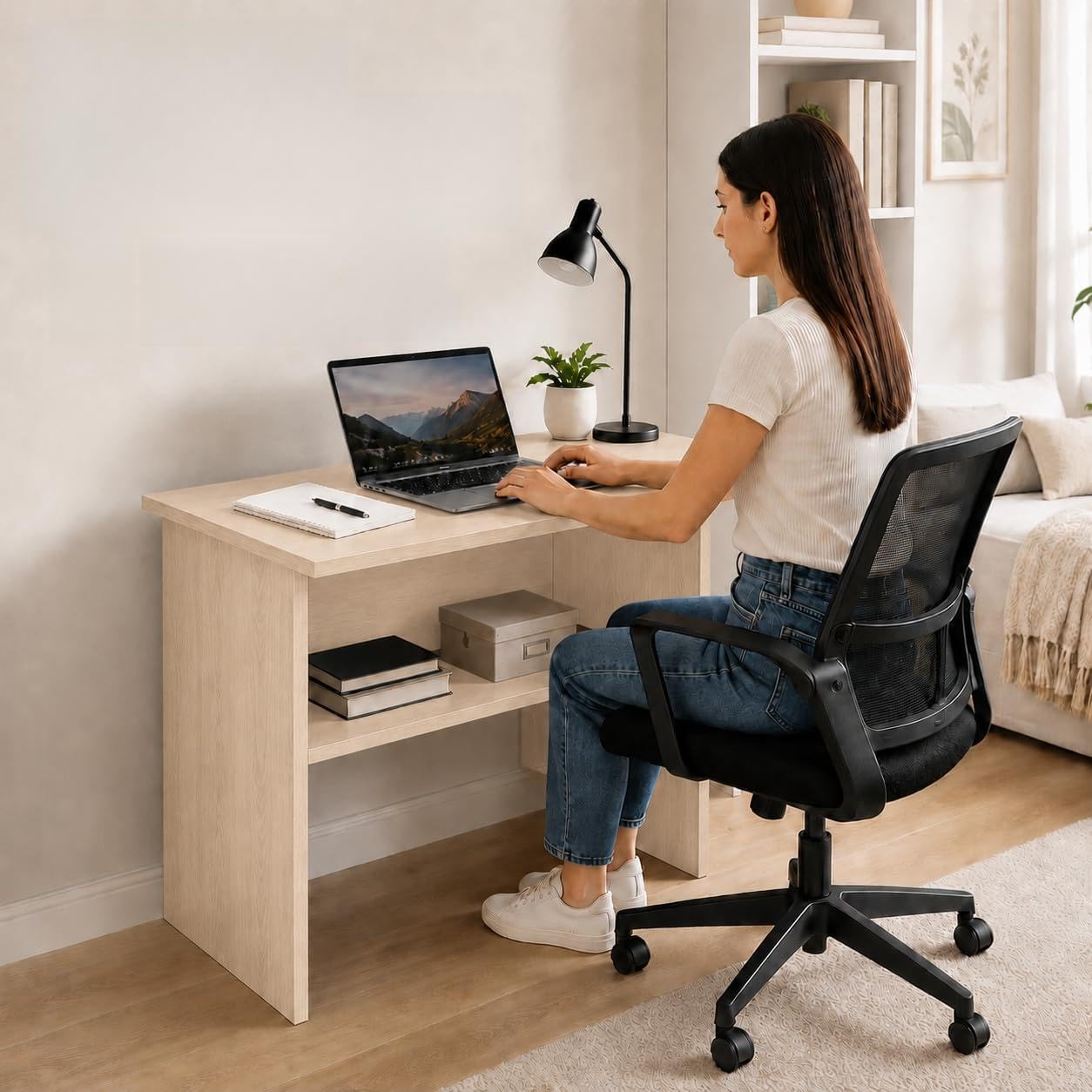 FURLAY StudyPro Wooden Laptop Table, 60x40x70 cm Compact Study Desk with Book Storage Shelf, Writing Computer Table for
