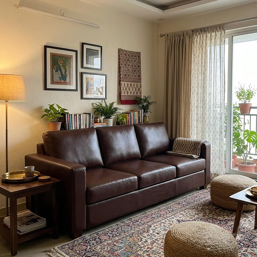 FURNY Harloy 3 Seater Leatherette Sofa Set (Warm Brown) in Premium Finish | Durable Comfort | Ideal for Living Room