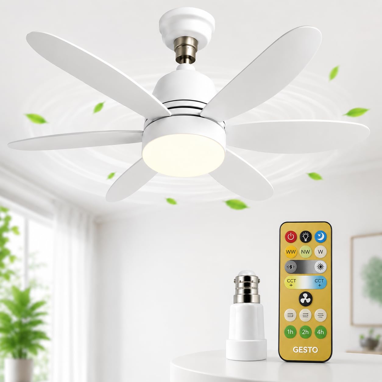 Gesto B22 Socket Fan with LED Light & Remote, Mini Ceiling Fan with 3 Speed & 3 Color Dimmable Light