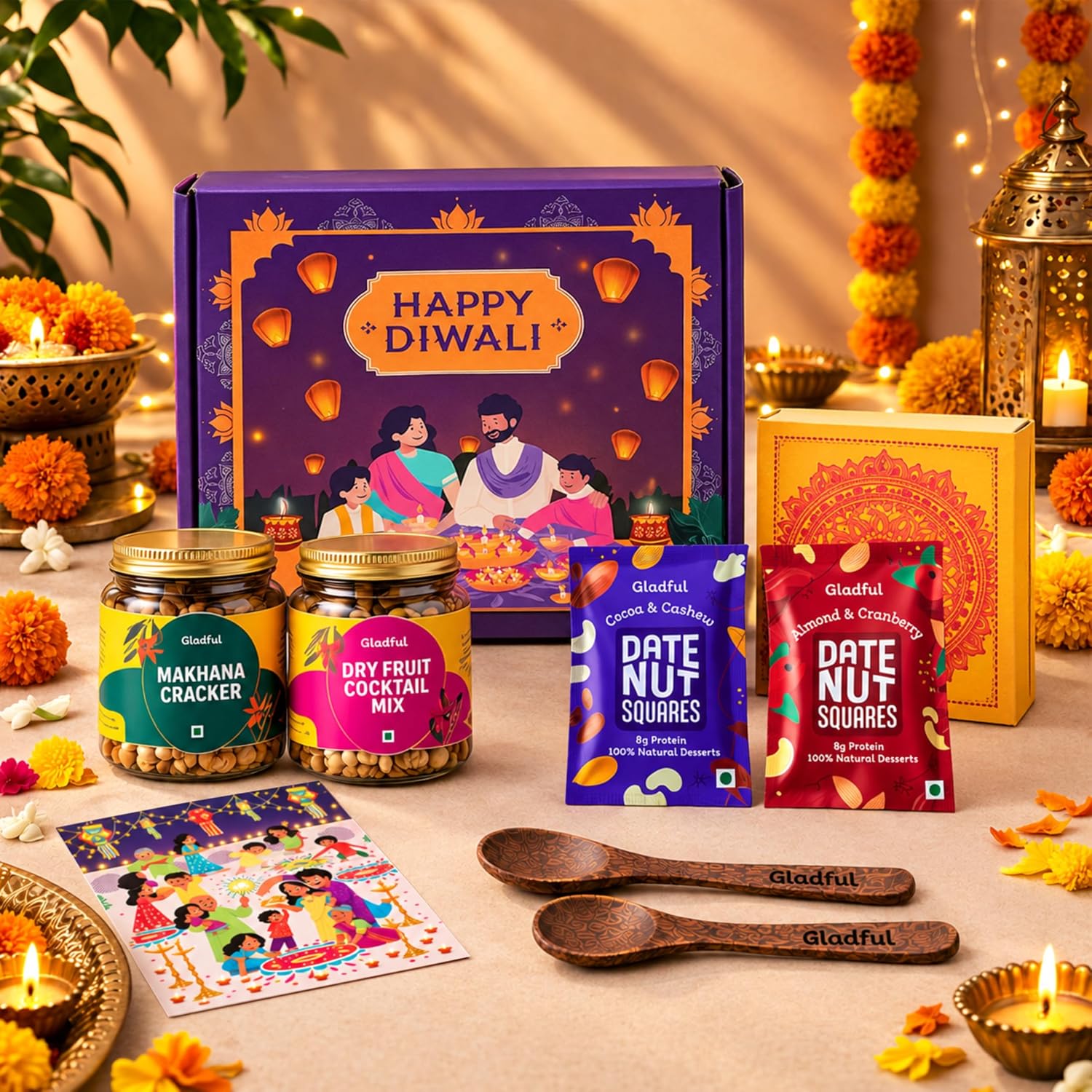Gladful Diwali Gift Box | 7 Items | A Festive Assortment of Makhana Cracker, Cocktail Nut Mix & Date Nut Square Bites