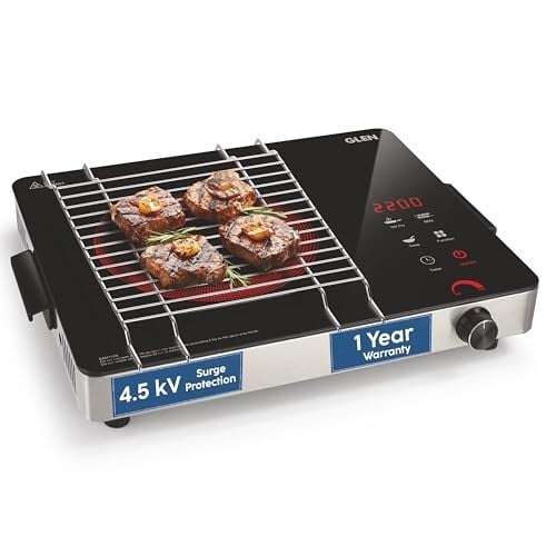 Glen 2200W Infrared Cooktop Stove with Steel Grill Rack Touch Control, Polished Crystal Glass Plate, Digital Display 3 M