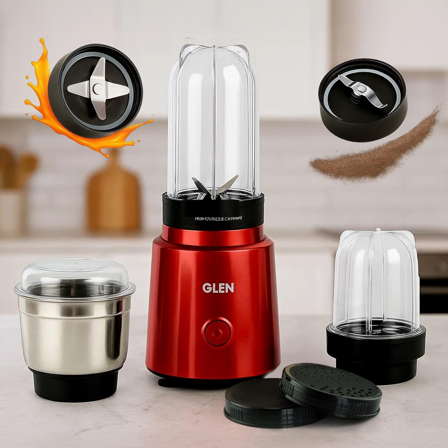 Glen Polycarbonate Multi Function Active Blender 350 Watt with 4 Jar Silver, 2 Interchangeable Blades, Lid & Seasoning C