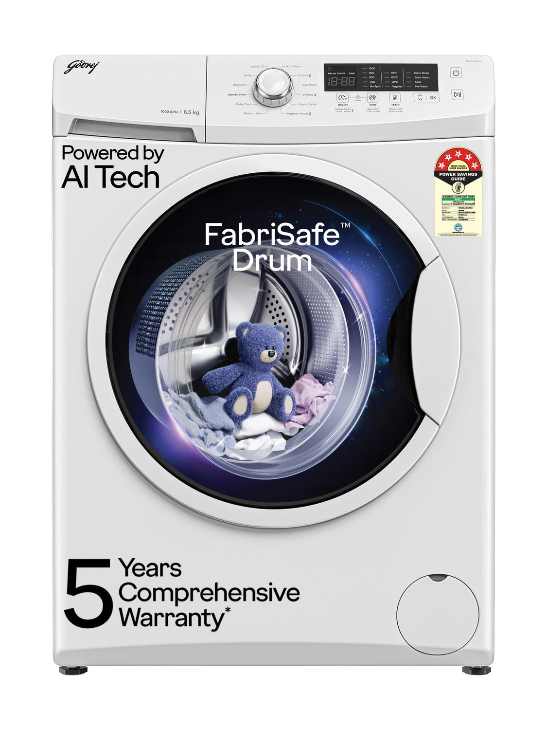 Godrej 6.5 kg Al Powered, FabriSafe Drum, Eco Wash Fully Automatic Front Load White (WFEON CRS 6510 5.0 FKEDM E GLWH)