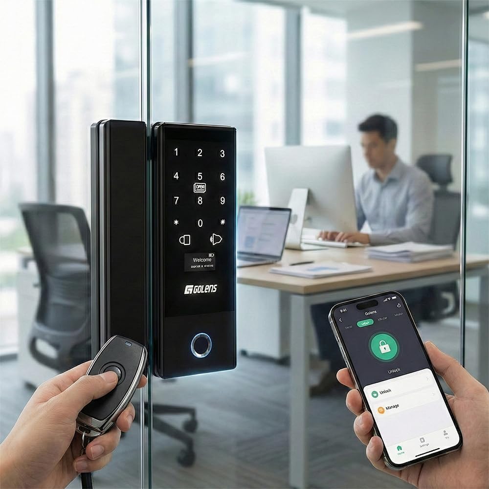 Golens X37 Smart Glass Door Lock for Home/Office | WiFi | 6 Ways Unlocking, Fingerprint, Remote, PIN, IC Card, Mobile Ap