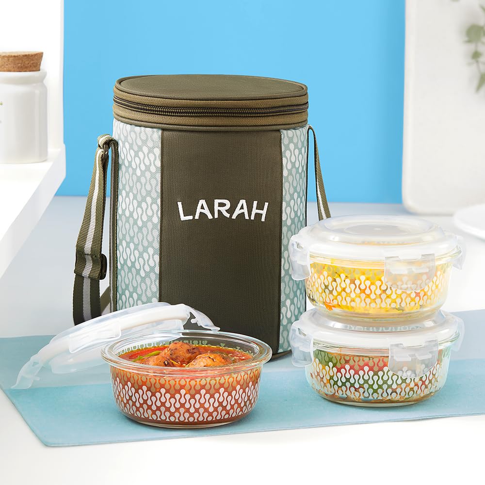 Gracia Borosilicate Glass Lunchbox with Bag | 3pc Round Container Set (400 ml Each)