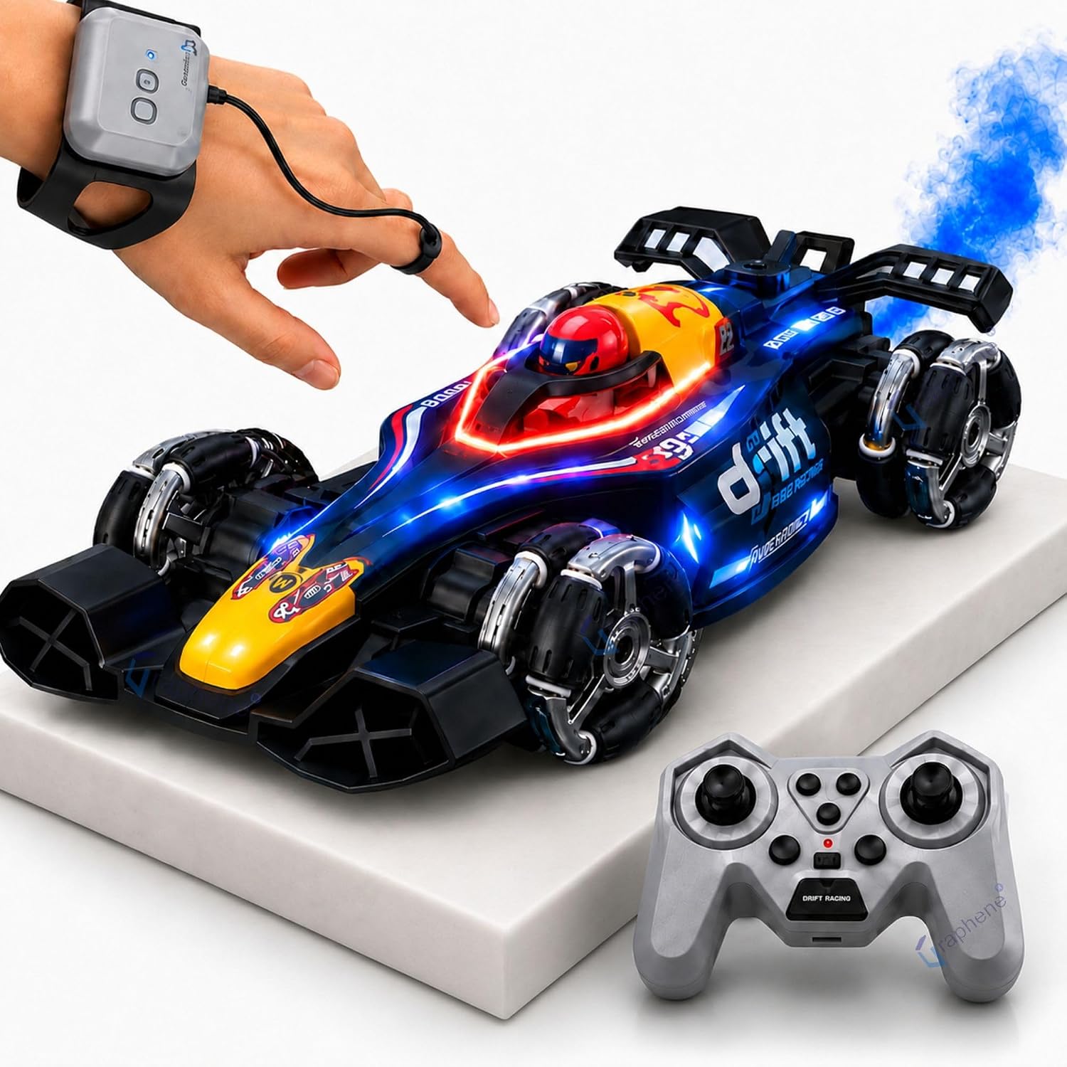 Graphene 1:14 RC 4WD Gesture Sensing Drift Stunt Car | 360&deg; Rotation, RGB Lights, Smoke & Music