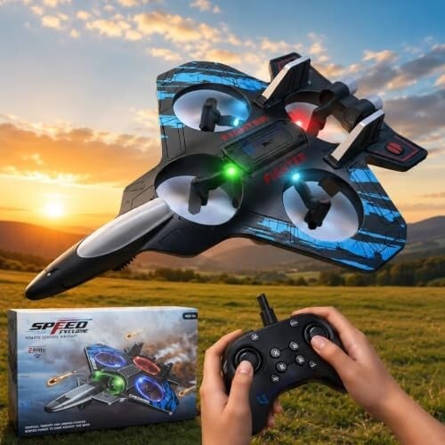 GRAPHENE Remote Control Airplane for Kids RC Fighter Jet Plane Toy 4 Extra Propellers LED Lights 360&deg; Flip Stunt Roll Ho
