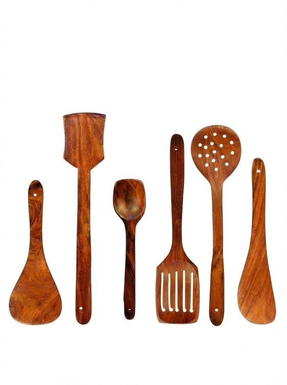 Green Wood Stylish Wooden 6 Pcs Cooking Spoon, Kitchen Tool Set - Serving Spoon, Table Spoon, Sa...