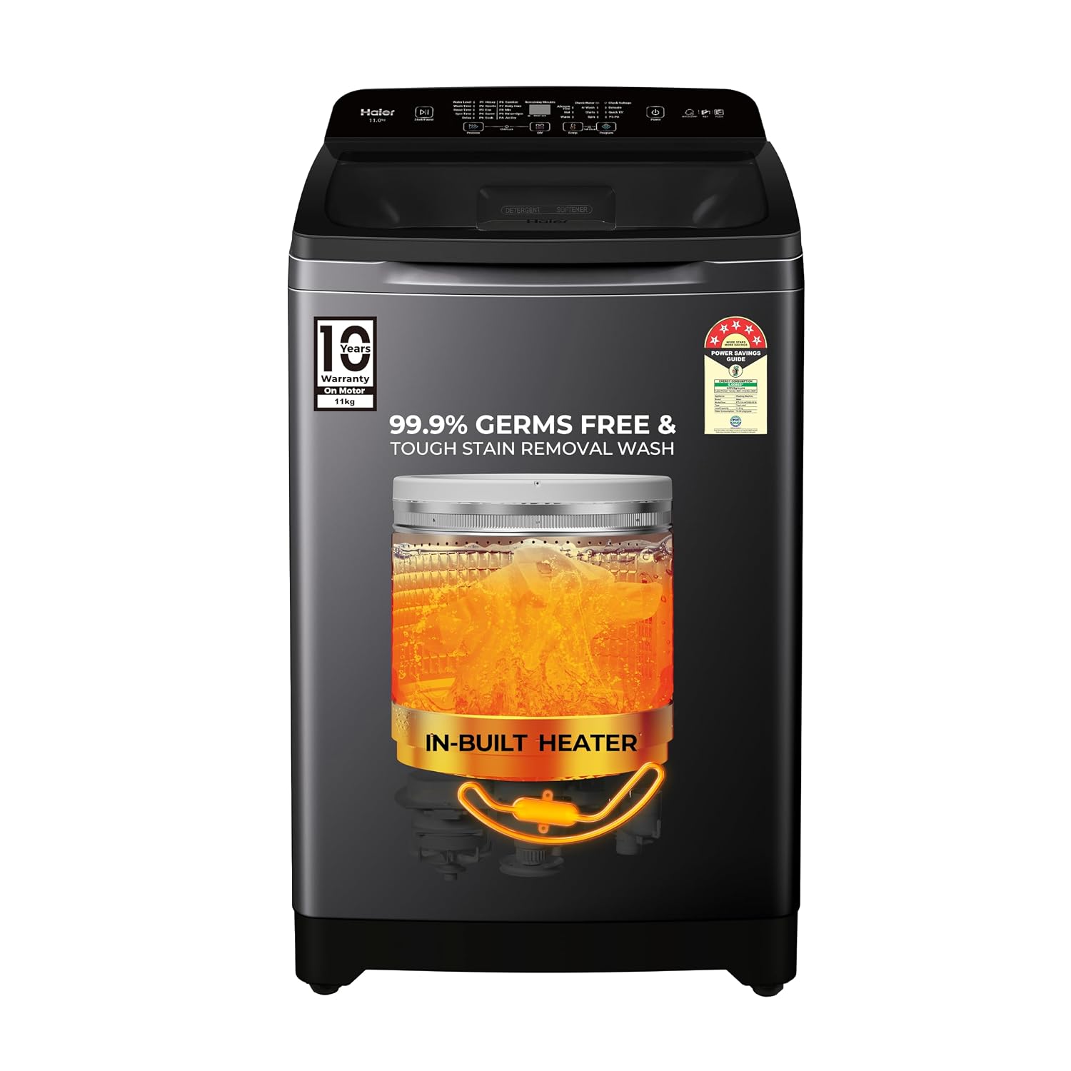 Haier 11 Kg, In-Built Heater, Front Panel Design, NZP Technology, Oceanus Wave Drum(ETL110-HC8S8 | Black)