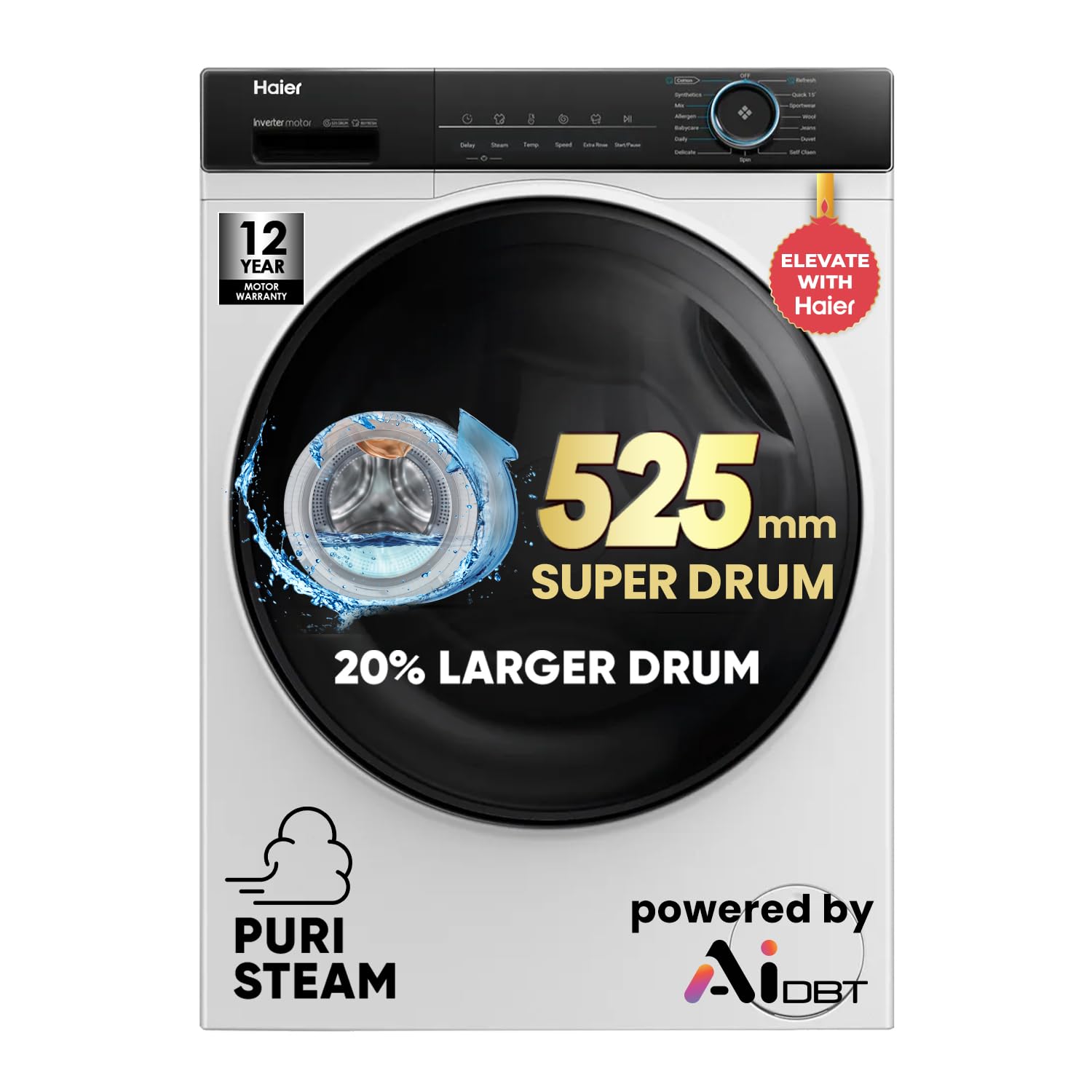 Haier 8 kg 5 Star Powered by AI-DBT with PuriSteam, 525mm Super Drum, Inverter Motor with In-Built Heater Fully Automati