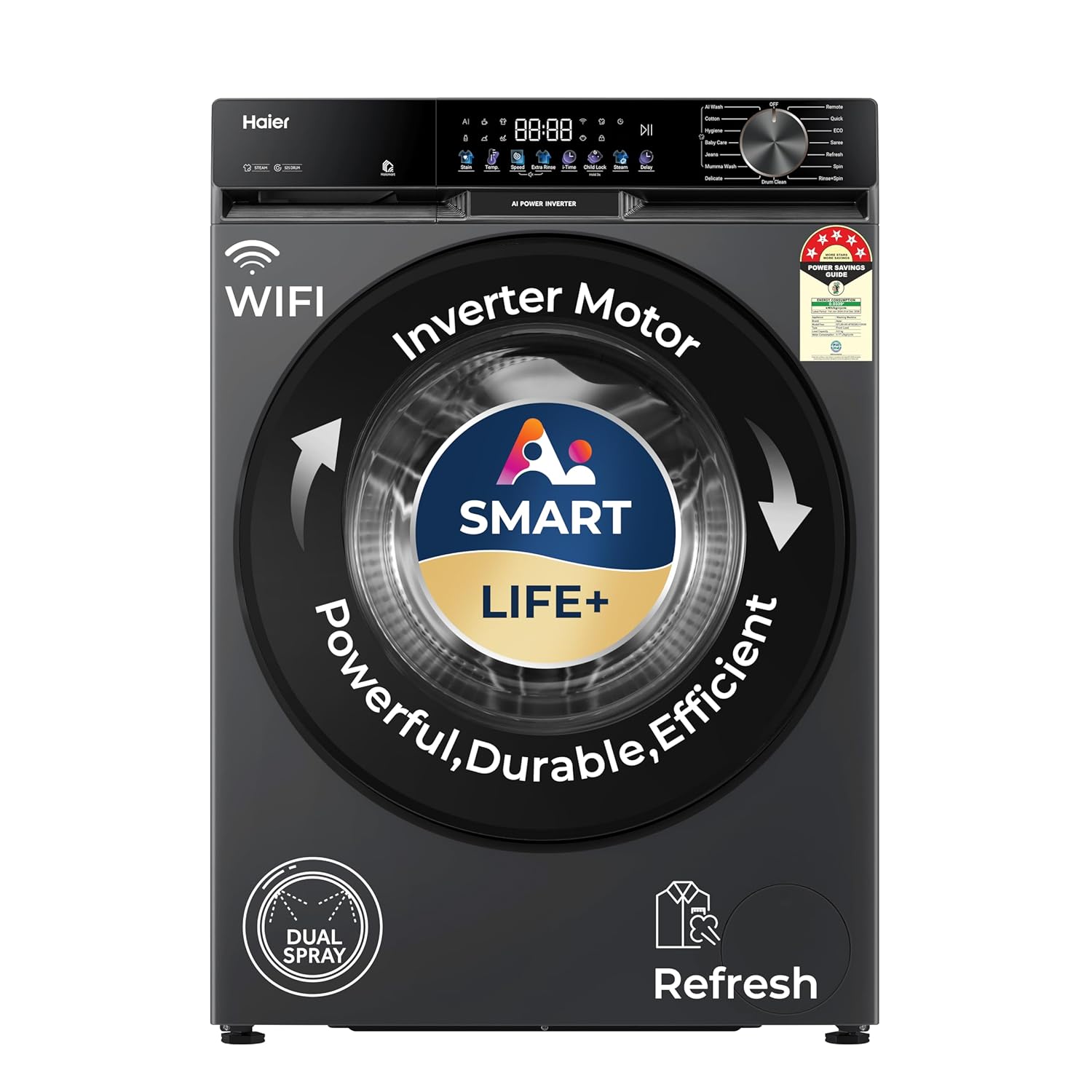 Haier 9 Kg, 5 Star, AI Smart LIFE+, Hygienic Care, ABT, 525 mm Super Drum, Refresh