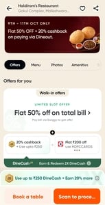 Haldiram's Restaurant: Flat 50% OFF + 20% Cashback + Additional 10% discount with HDFC Bank cards via Swiggy Dineout (Lo