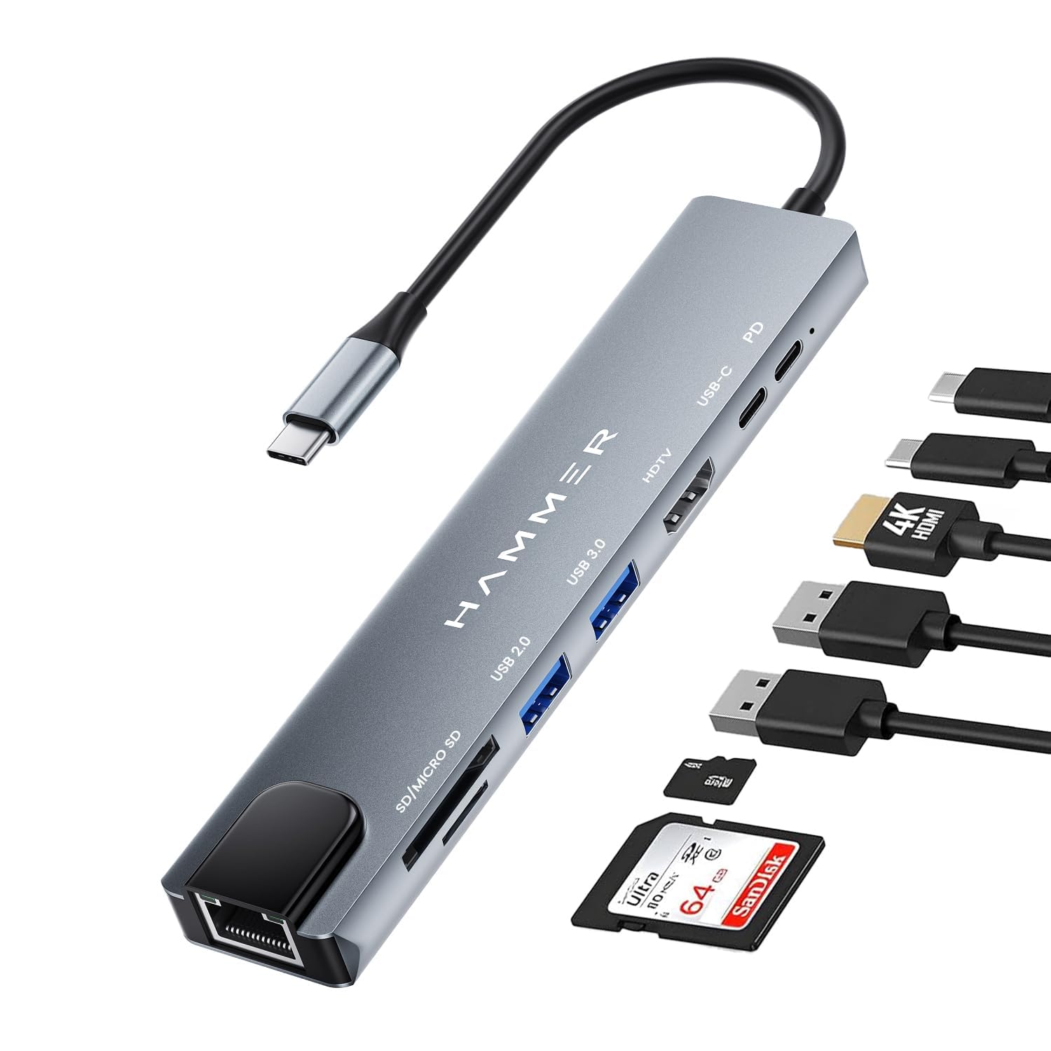 HAMMER 8-in-1 USB-C Hub, Grey 100W PD Charging