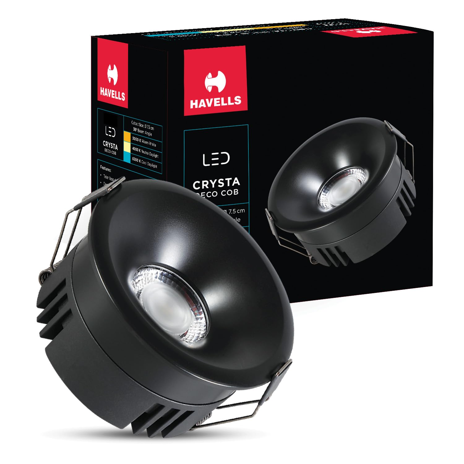 Havells Crysta Deco Cob 12W 6K Matt Black,Led-Spotlights,Energy Efficient,Long Life of 25000 Burning Hours,Beam Angle of