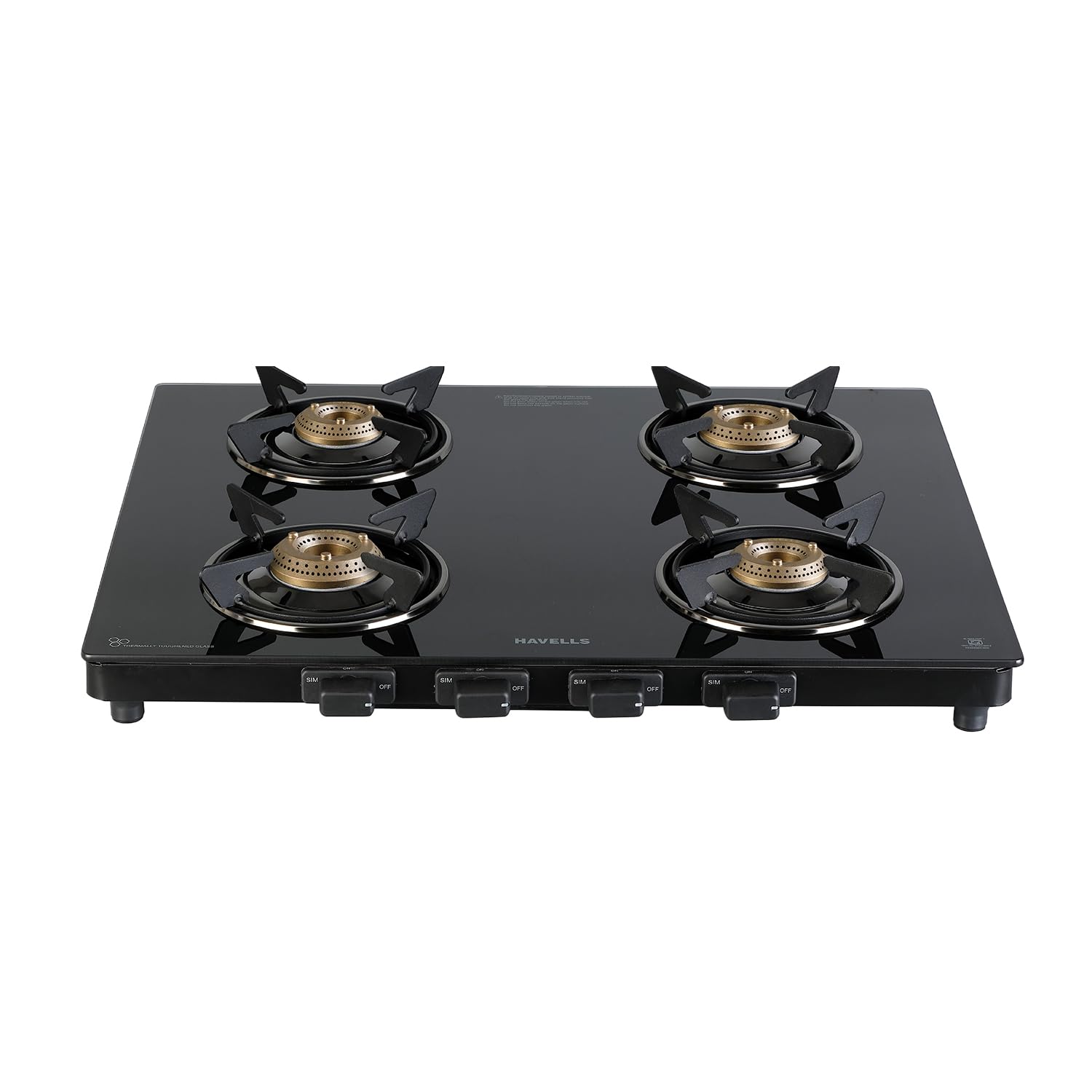 Havells GEOSLIM Gas stove |4 Heavy Duty Forged Brass Burner|6 mm Toughened Glass|Premium Valves|Removable Drip Tray|Soft