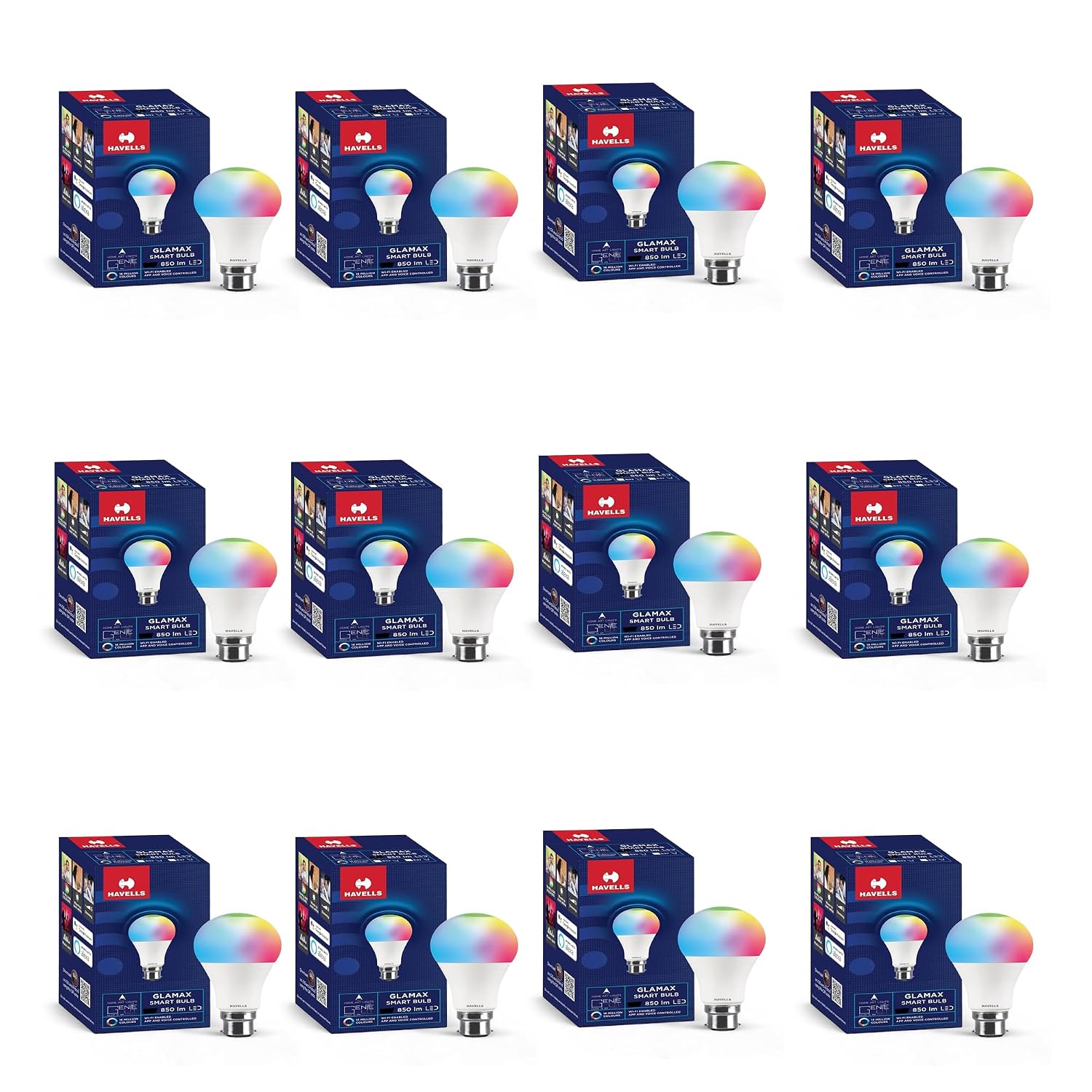 Havells Glamax 12W B22 WiFi LED Smart Bulb (16M Colours) (Pack of 12)