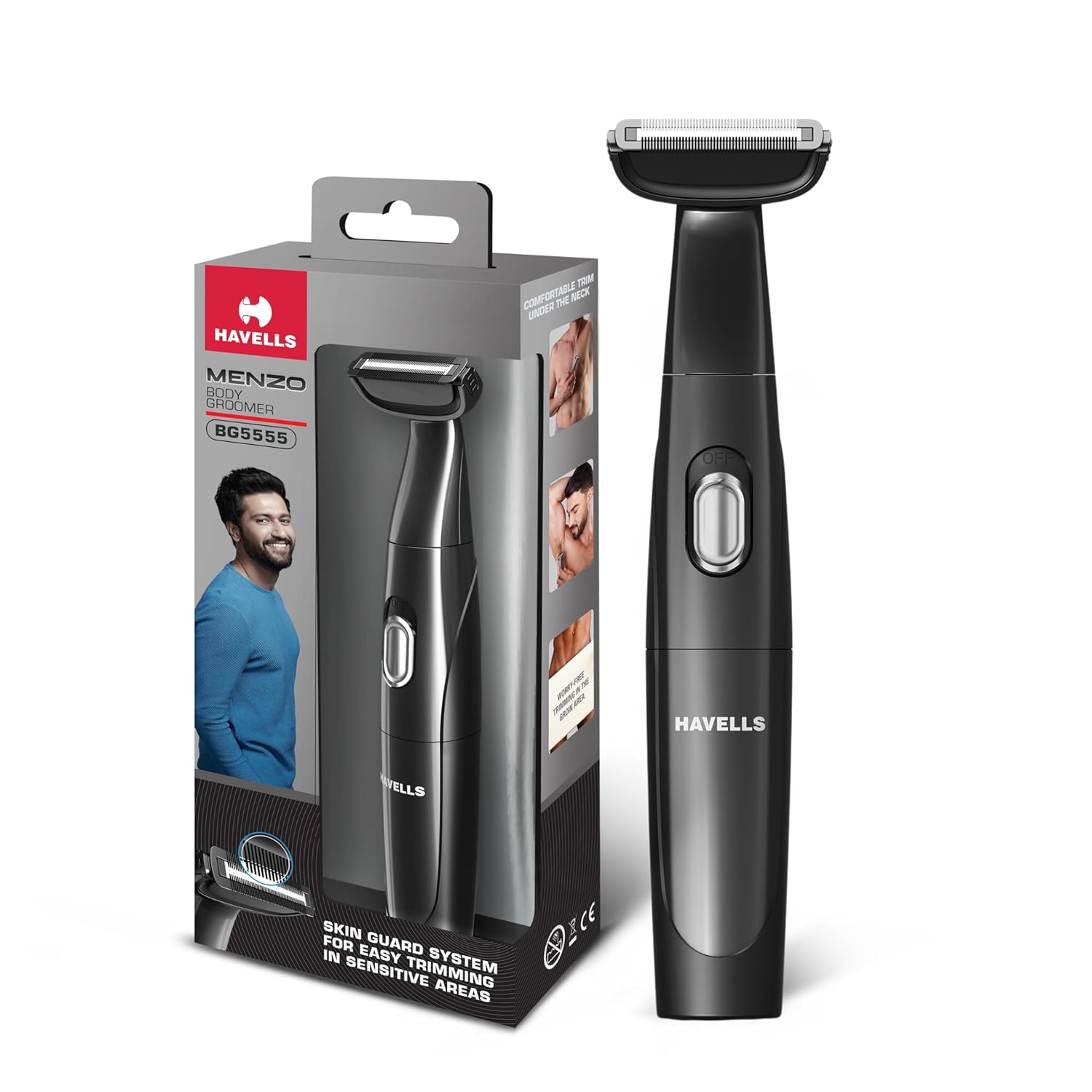 Havells Menzo Body Groomer| Wet & Dry Use| Battery Powered|Skin Guard for No Nicks & Cuts| For All Body Parts Including