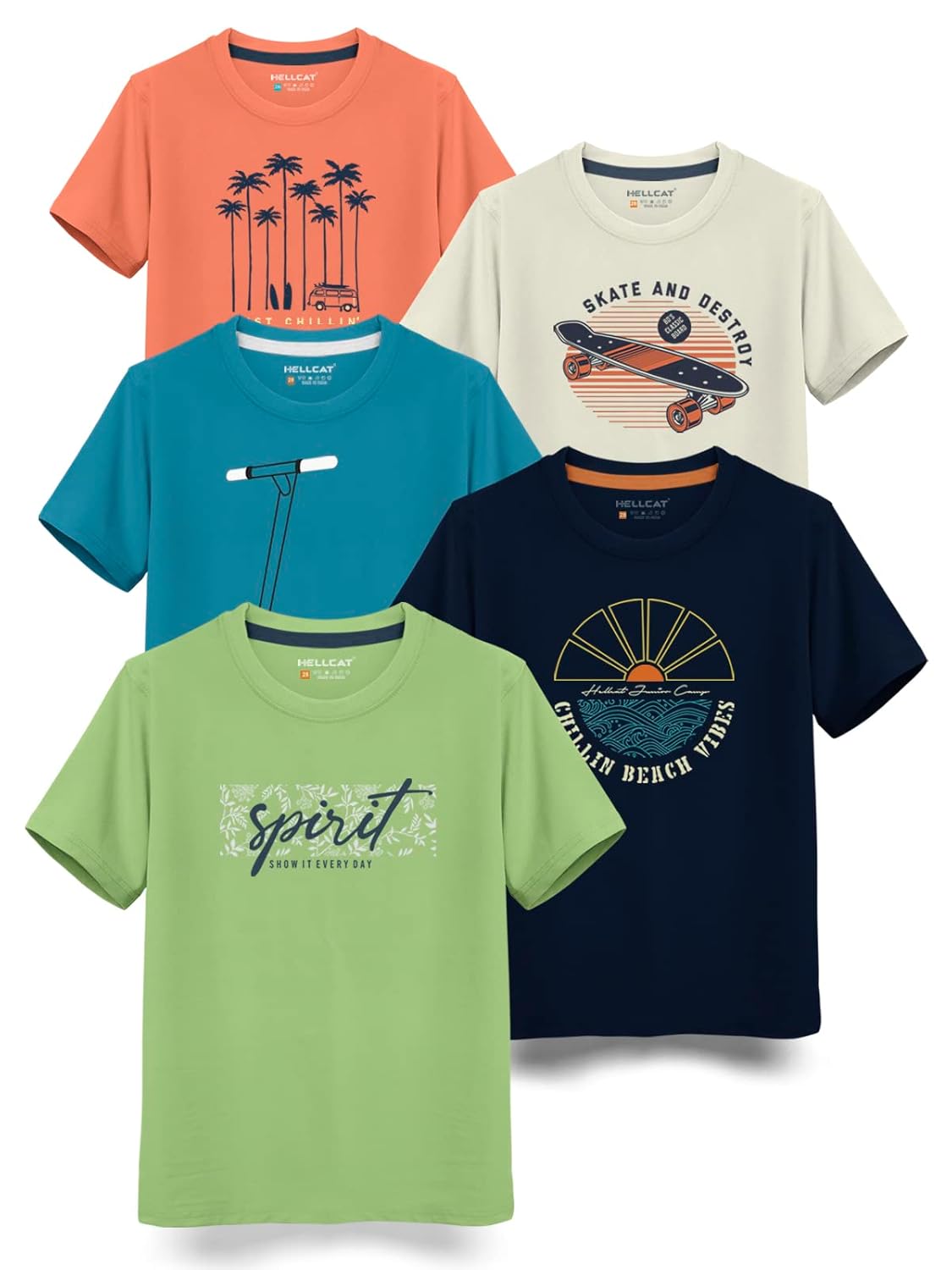 HELLCAT Boys Round Neck Printed Blended Cotton Tshirt -Combo Pack of 2 - Orange/Blue