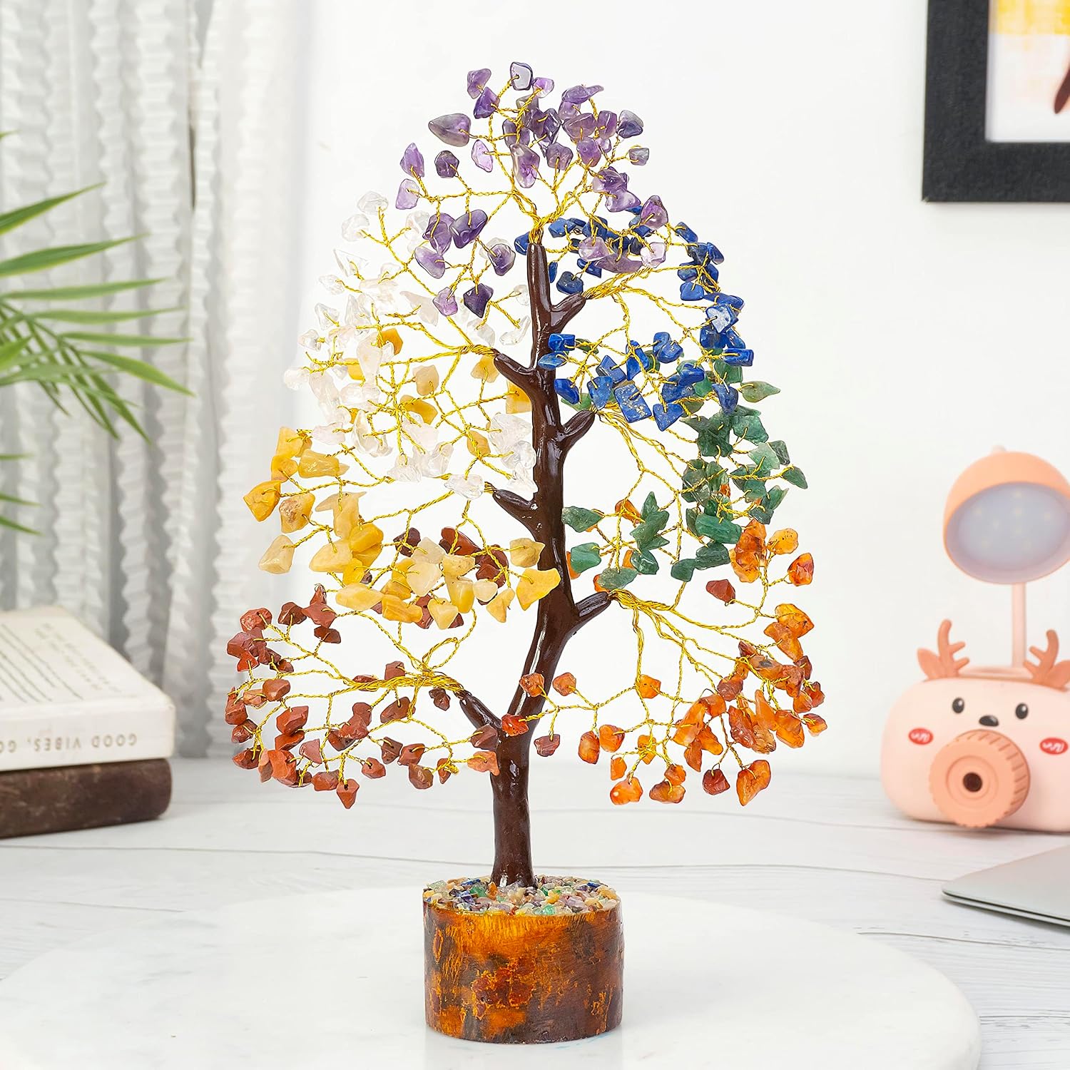 HindCraft Seven Chakra Crystal Tree for Good Luck & Positive Energy | Multicolor Golden Wire Bonsai Money Tree with Crys