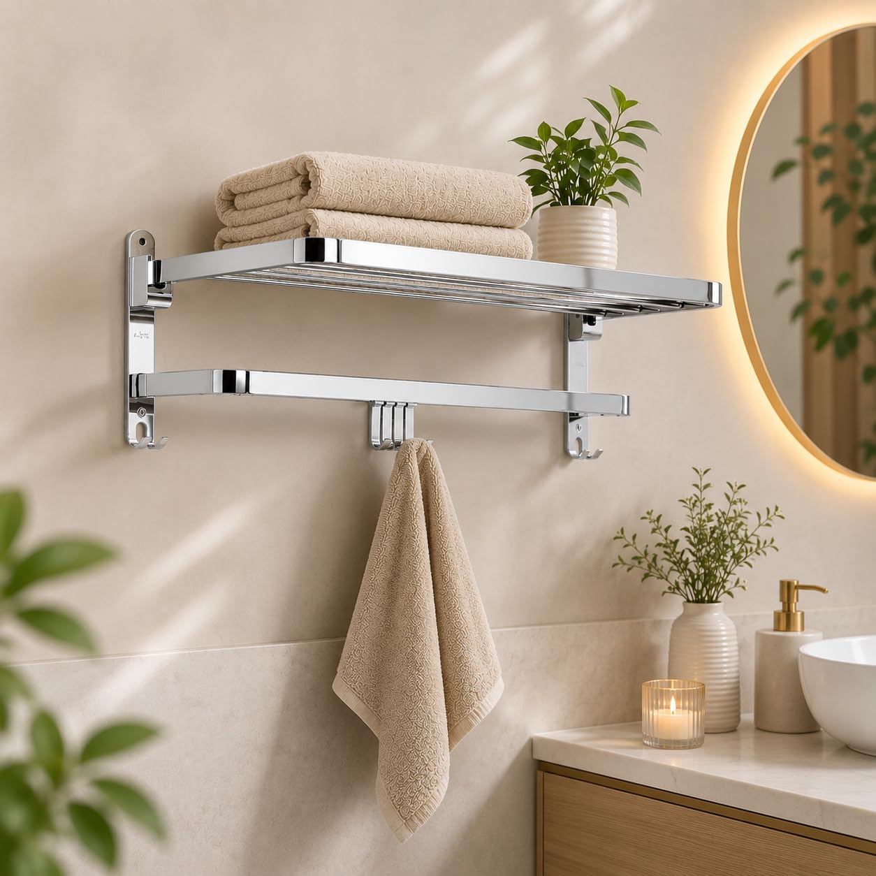 Hindware Bathroom Accessories-Stainless Steel 304 Grade Folding Towel Rack for Bathroom | 24 Inches | Towel Holder in Ba