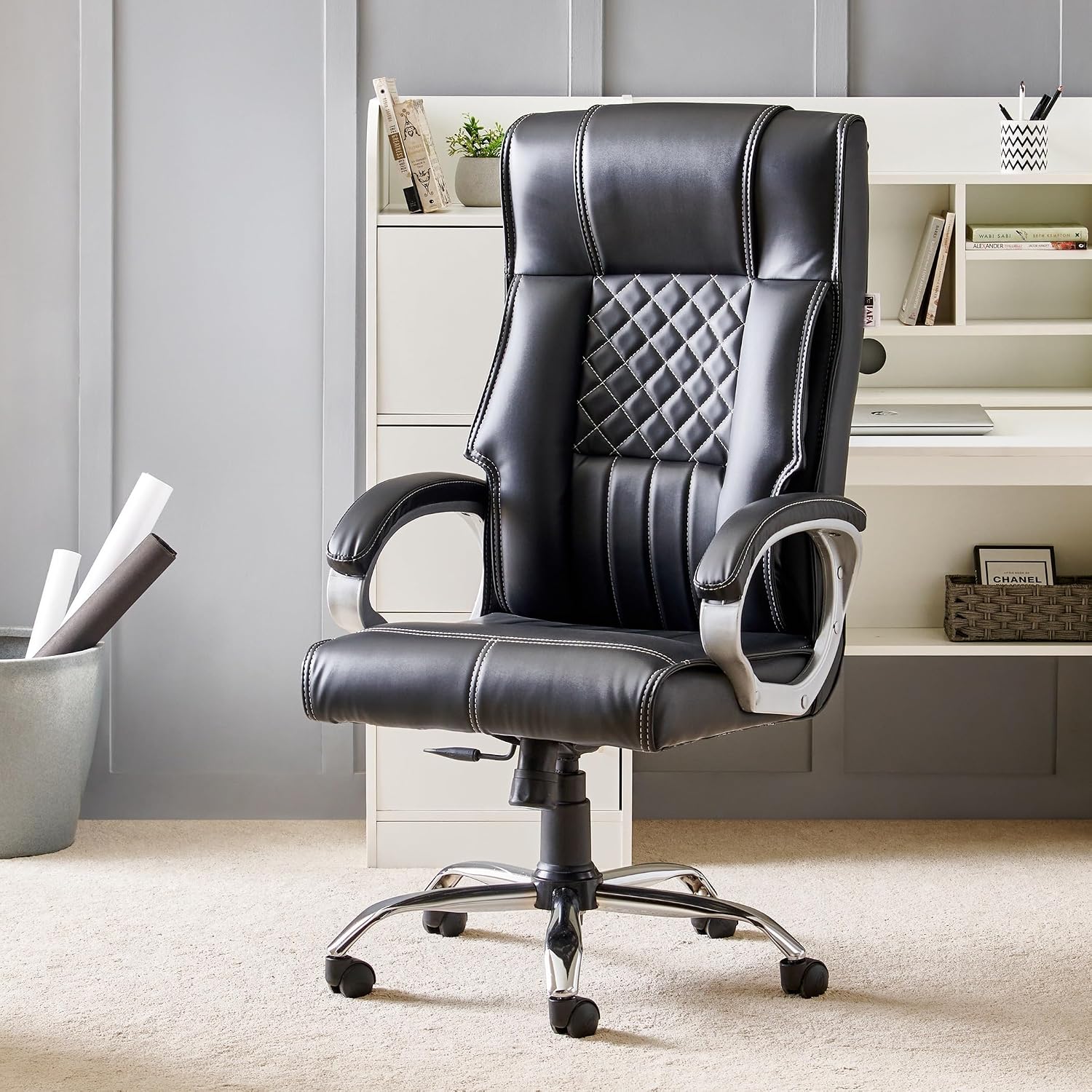 Home Centre | Zuby | Faux Leather | High Back | Metal | Study and Office Chairs | Black | 1 Year Warranty