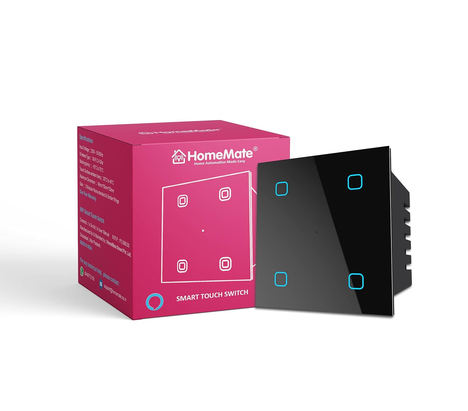 HomeMate® Wi-Fi Smart 4 Gang Touch Switch (Black, Pack of 1) | No Hub Required | Works with Amazon Alexa