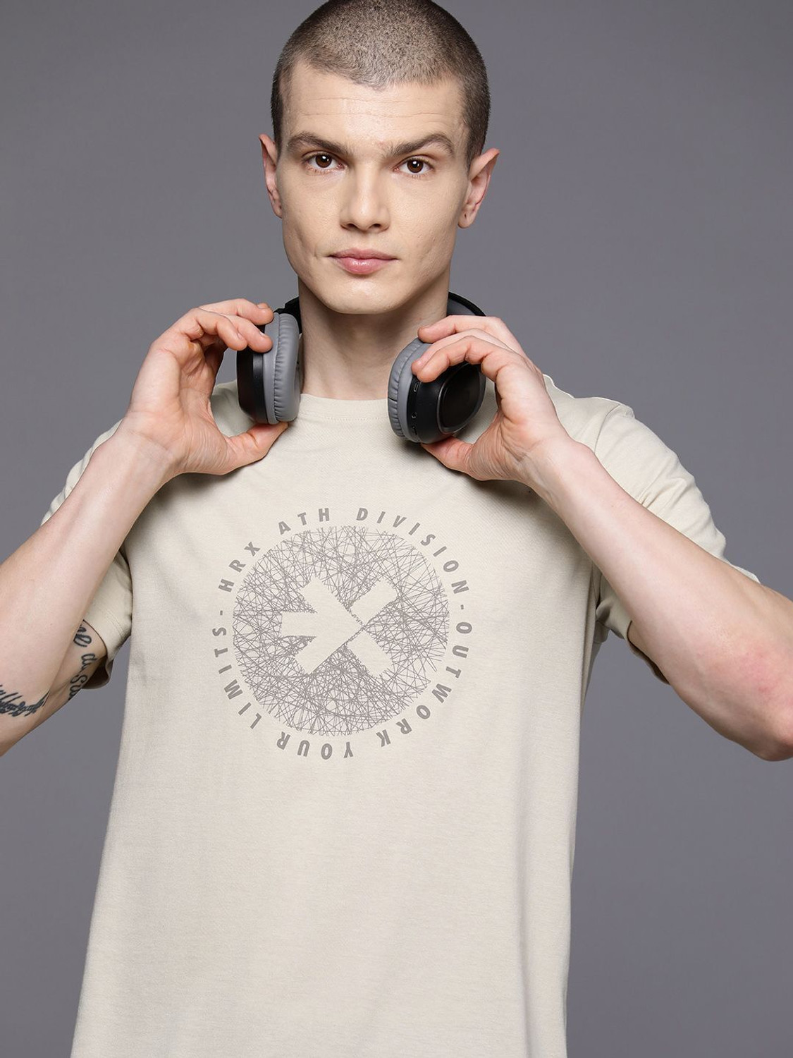 HRX Men Printed Round Neck Cotton Blend Beige T-Shirt
