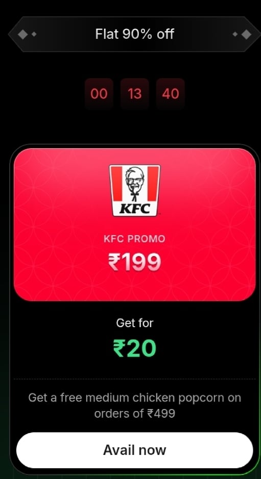 Hubble - Deal of day KFC promo 90% off Get chicken popcorn free with this promo code on mov Rs499