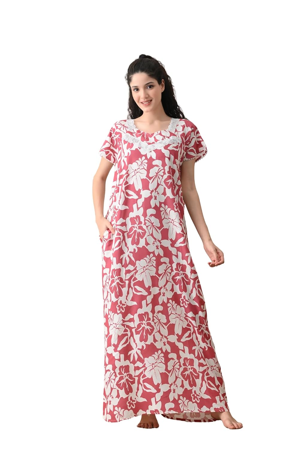 Ichaa Women's Rayon Printed Round-Neck Maxi Nighty with Pocket, in Plus Sizes
