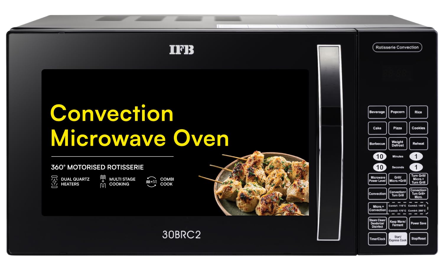 IFB 30L Convection Microwave Oven with 360 Degree Motorized Rotisserie 101 Auto Cook Menus (30BRC2, Black, Auto Defrost