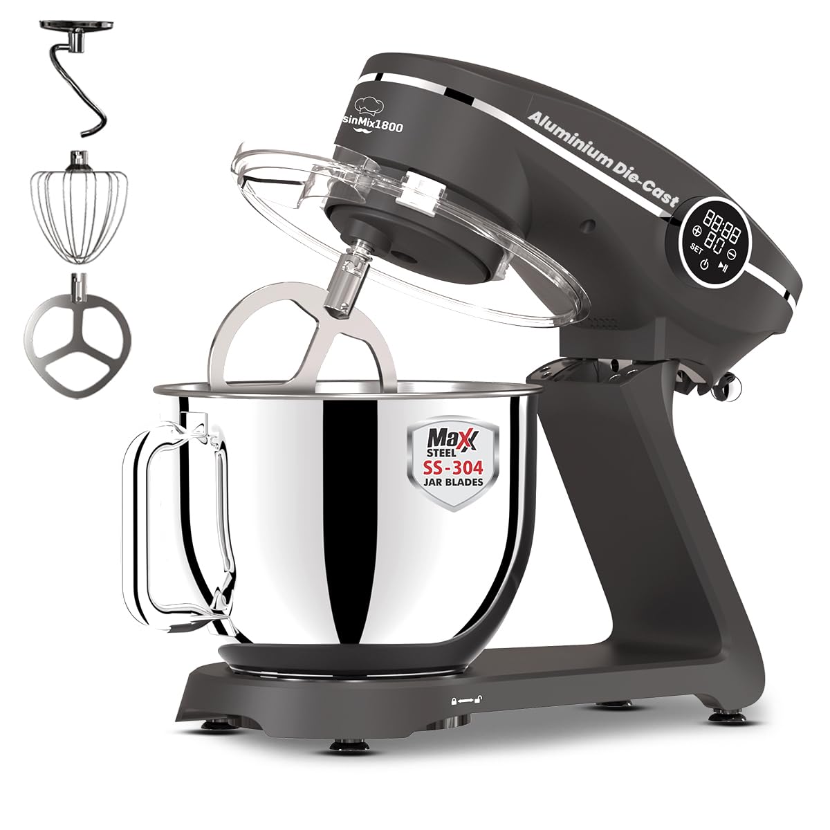 INALSA Stand Mixer Cuisin Mix 1800|Metal Die-Cast Body|1800W Copper Motor|Durable Metal Gears|7 L SS Bowl