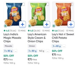 Instamart: Lays Chips (80gm x 3) at 71Rs