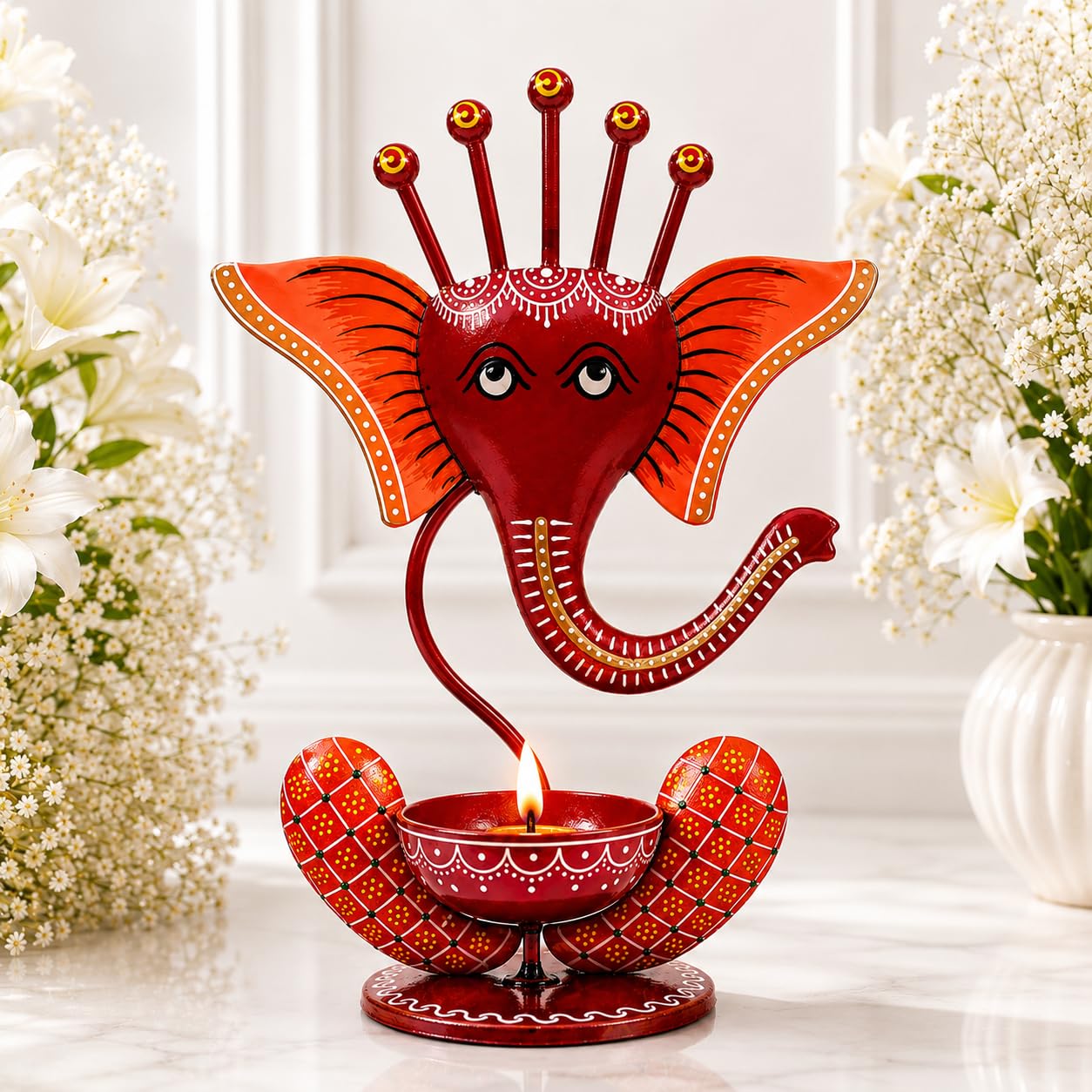 Iron Diya Holder Handpainted l Metal Tealight Candle Holder l Home Temple Pooja Room 11 Inches l Decorative showpiece an