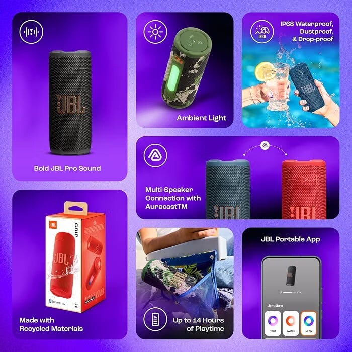 JBL Grip Wireless Portable Bluetooth Speaker, JBL Pro Sound with AI Sound Boost, IP68 Waterproof/Dustproof, Ambient Ligh
