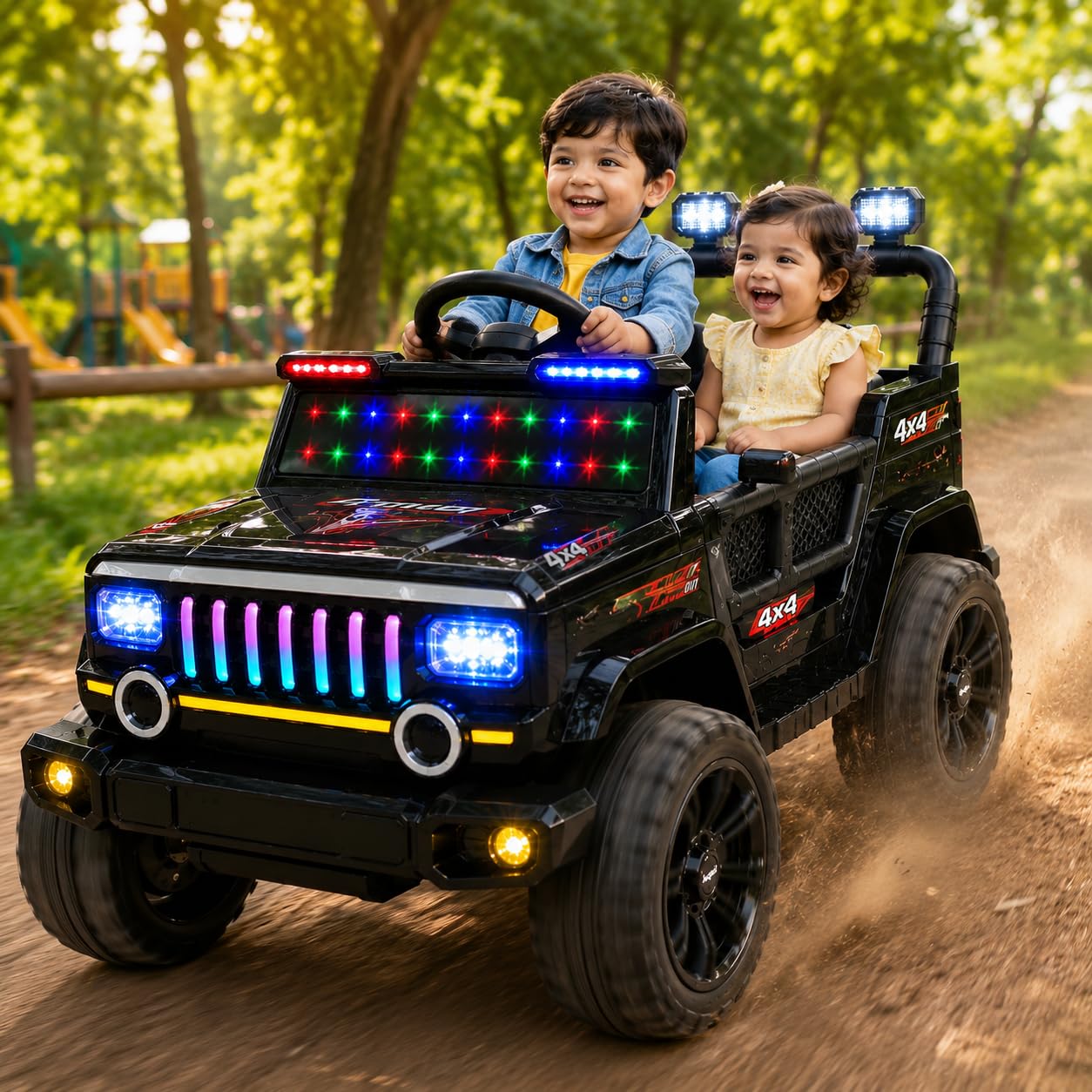 Jeepster EV Car for Kids | Big Electric Car with Music & LED Lights | Dual Motor, 12V Rechargeable Battery | Parental Co