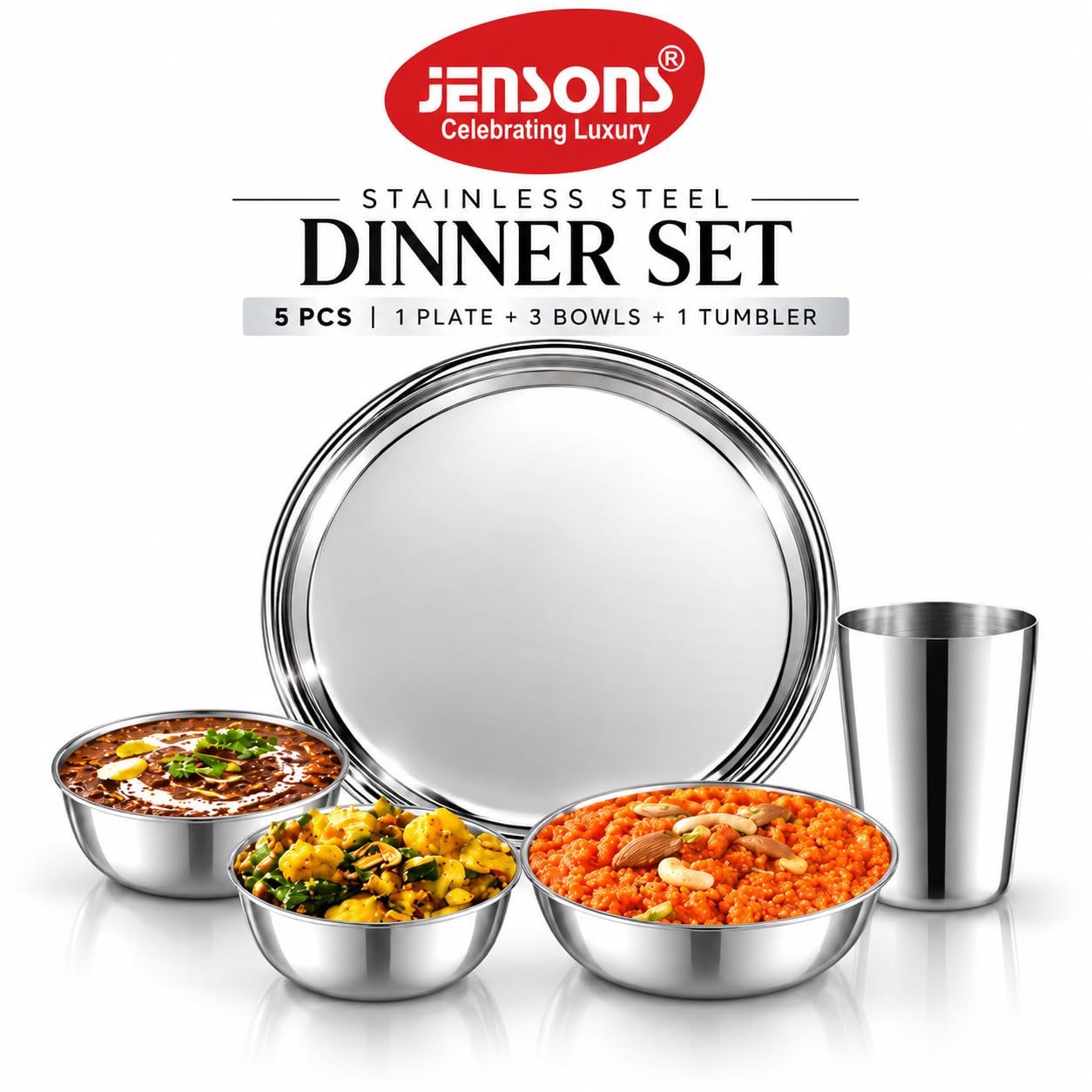 Jensons Stainless Steel Dinner Set 5 Pcs | 1 Dinner Plate, 3 Bowls & 1 Tumbler | Premium Thali Set