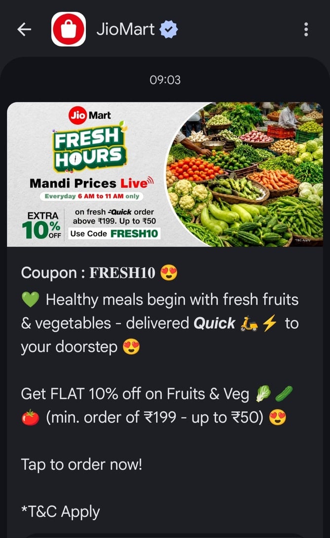 JioMart Fresh Hours - 10% OFF on Fruits & Vegetables upto Rs. 50