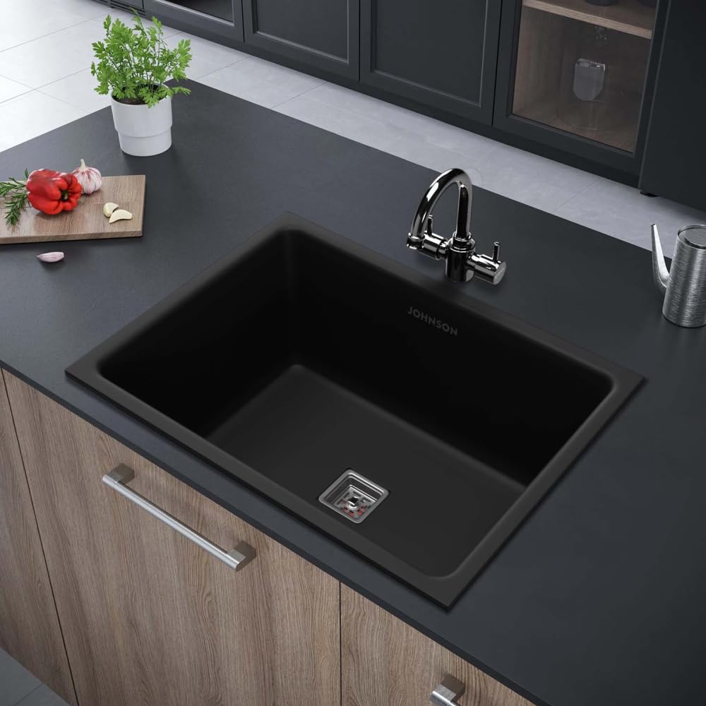 Johnson Qubix Black Quartz Kitchen Sink with Waste Coupling | 24"x 18"x 9.5" | 5 Years Warranty