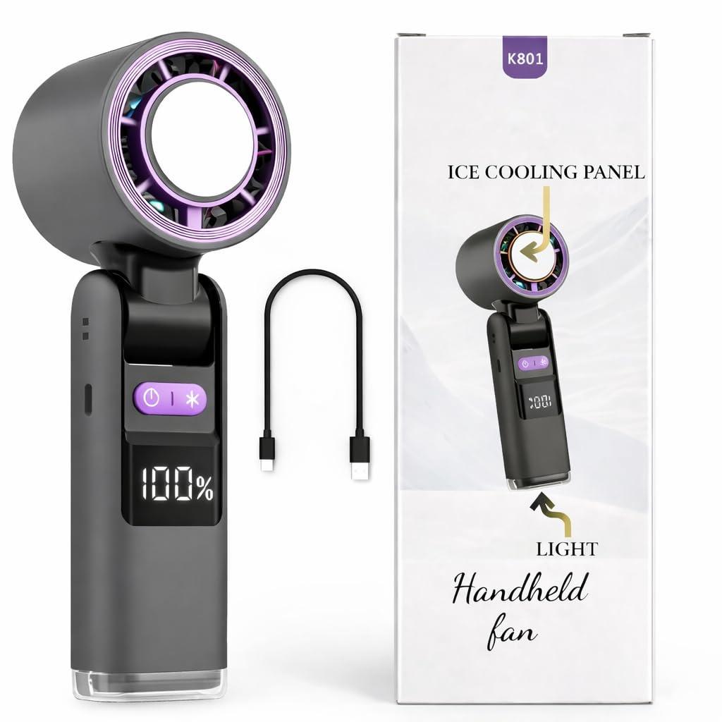 K801 Portable Ice Cooling Hand Fan, 4000mAh Rechargeable, 199 Speed Settings, Turbo BLDC Motor, 20H Runtime, FrostTouch