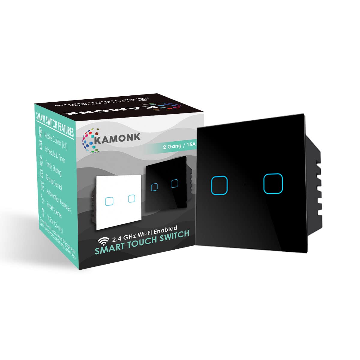 Kamonk WiFi Touch 2 Gang 15A Smart Switch (Black)