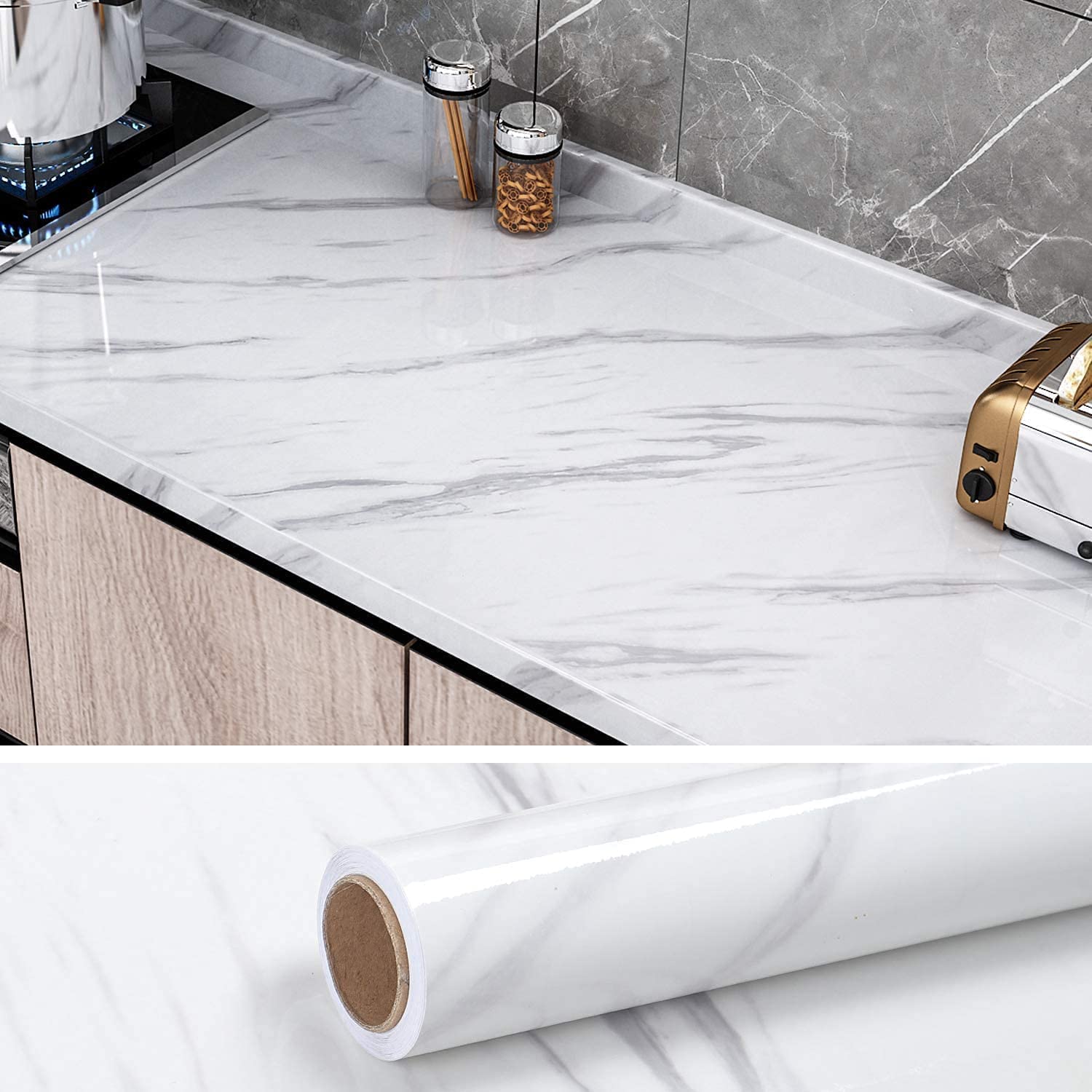 KASHIVAL Marble Peel and Stick Wallpaper - White & Grey Glossy Marble for Countertop, Kitchen Cabinets, Bathroom (30X60c