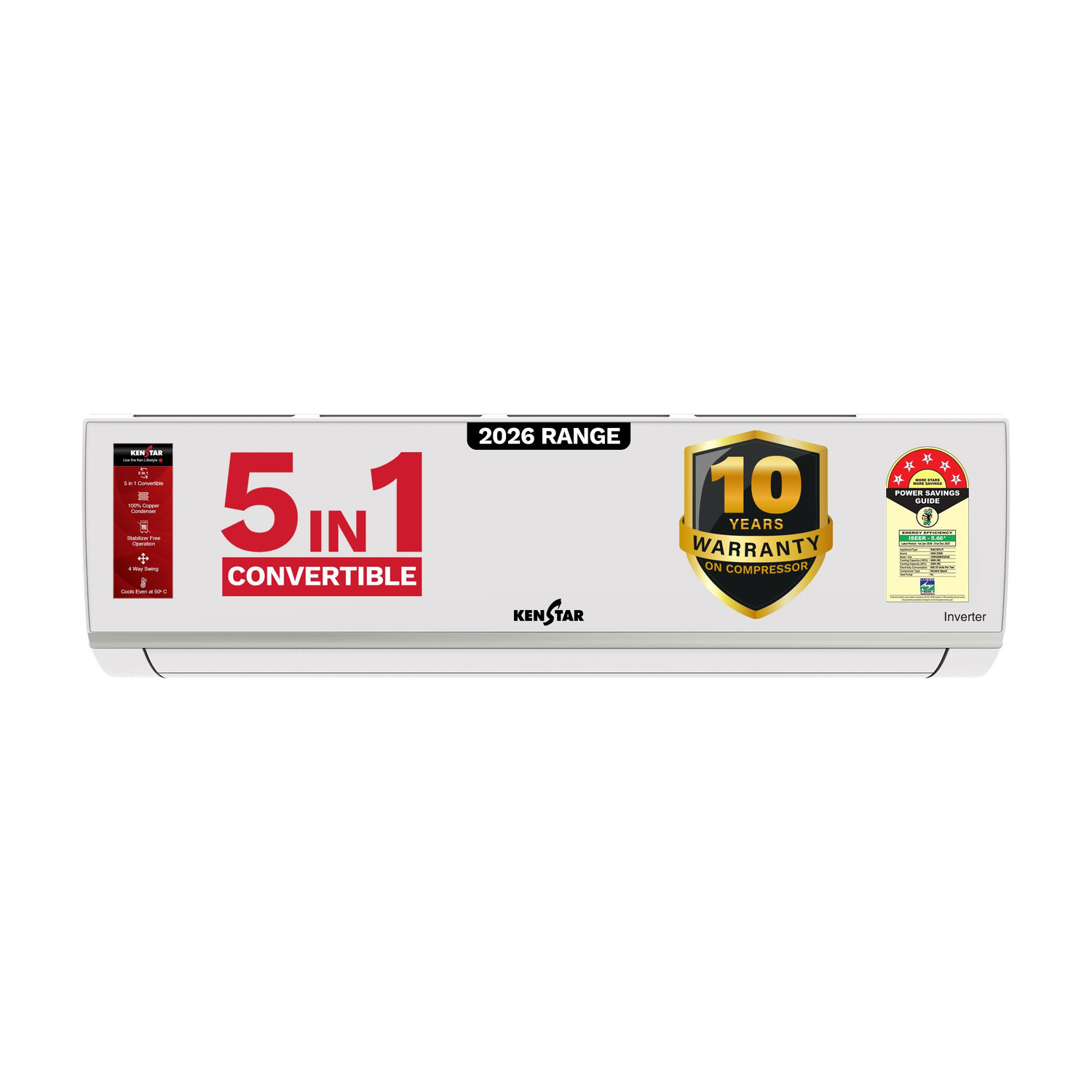Kenstar 2026 Model 1.5 Ton 5 Star Split Inverter 5-in-1 Convertible AC (155IPG26WKS, White)